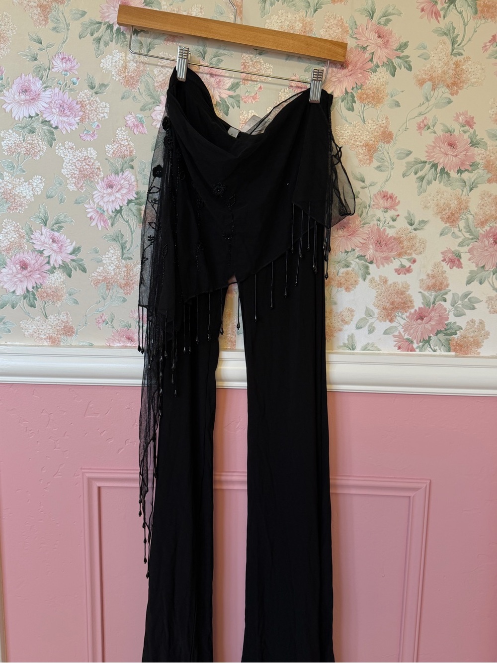 Y2K Black Beaded Sheer Overlay Palazzo Pants